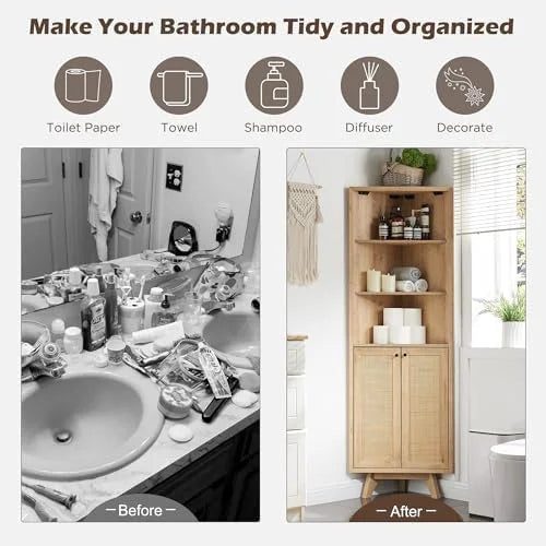 Natural Rattan Bathroom Floor Cabinet with Sliding Door & 3 Drawers S998266