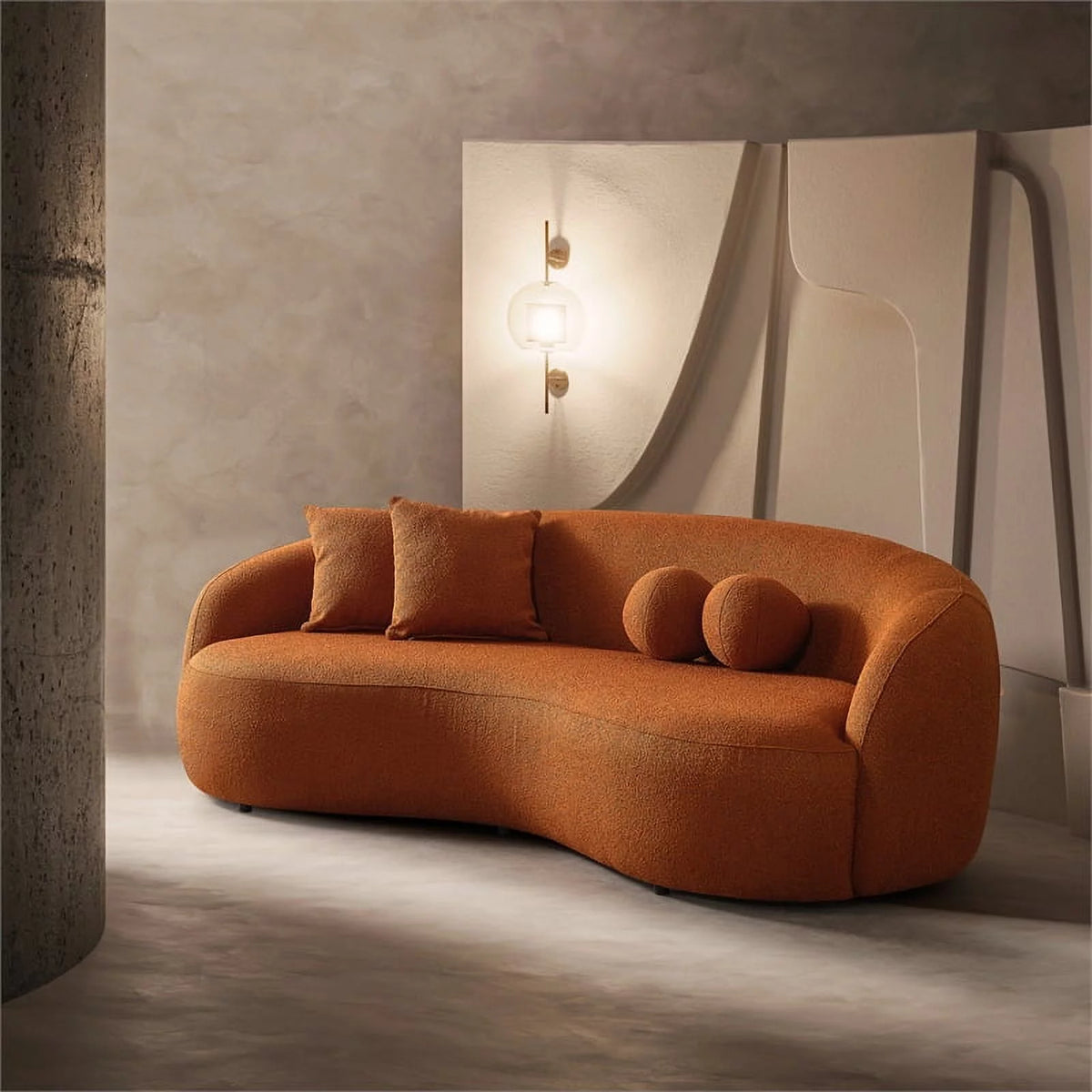 Orange Boucle Fabric Curvy Couch Z195