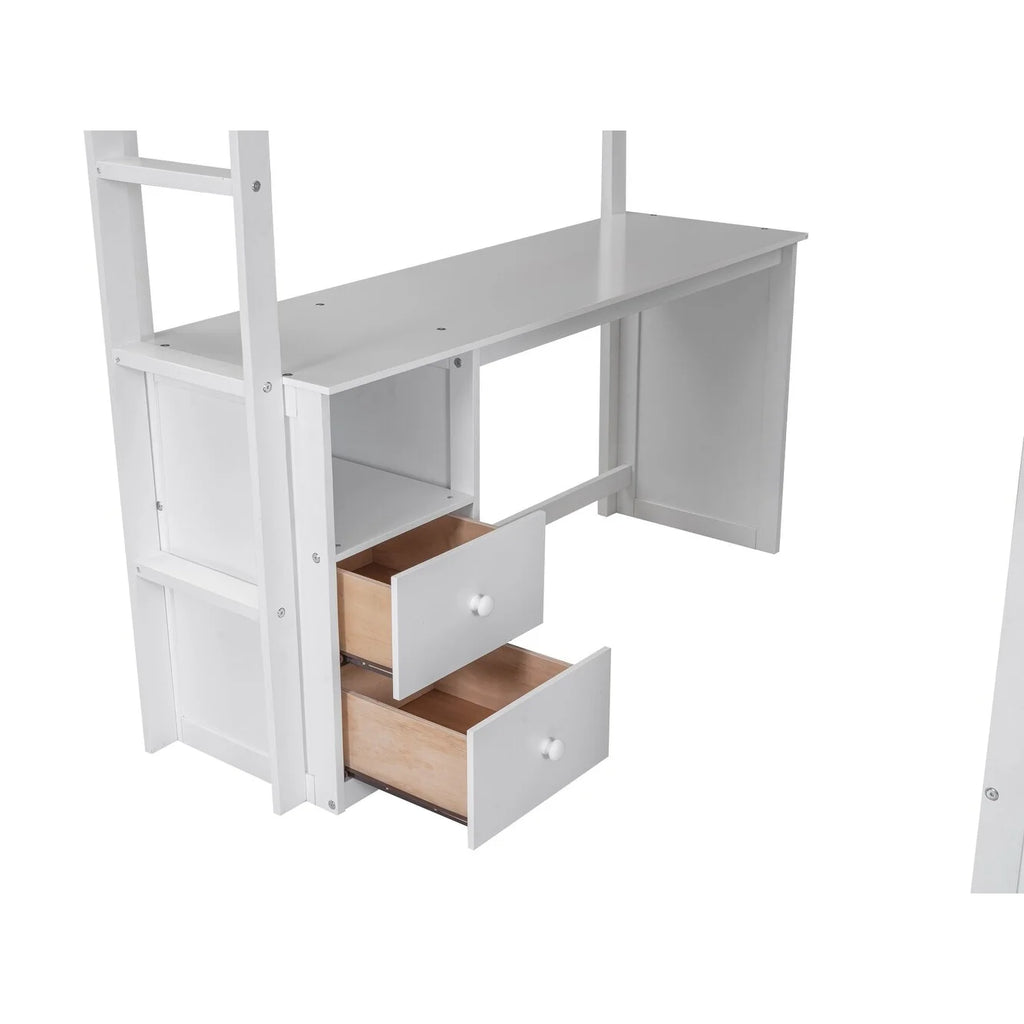 Solid Wood Loft Bed with Built-In Desk & Wardrobe White Full K6404