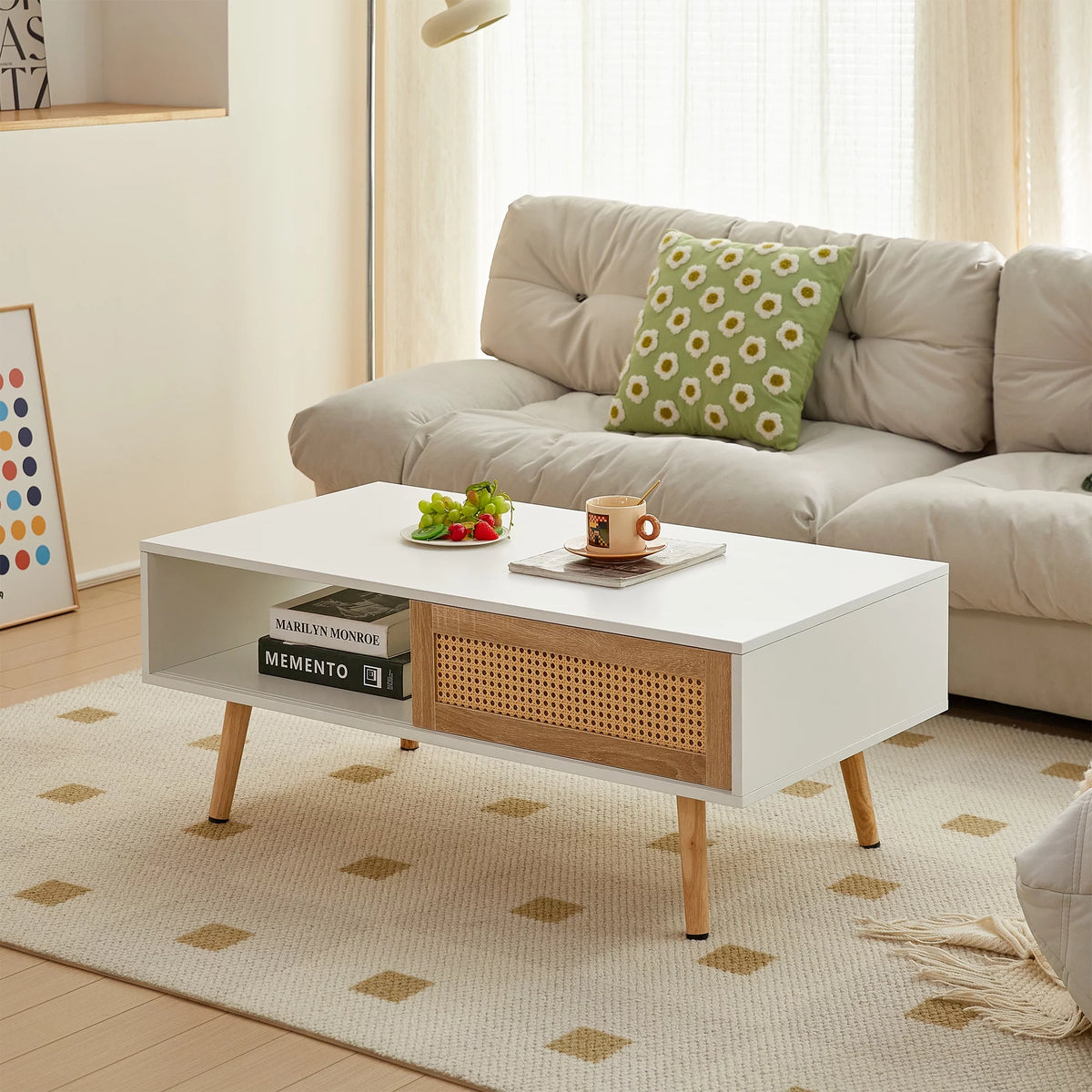41.34" White Rattan Coffee Table with Sliding Door Storage R75469