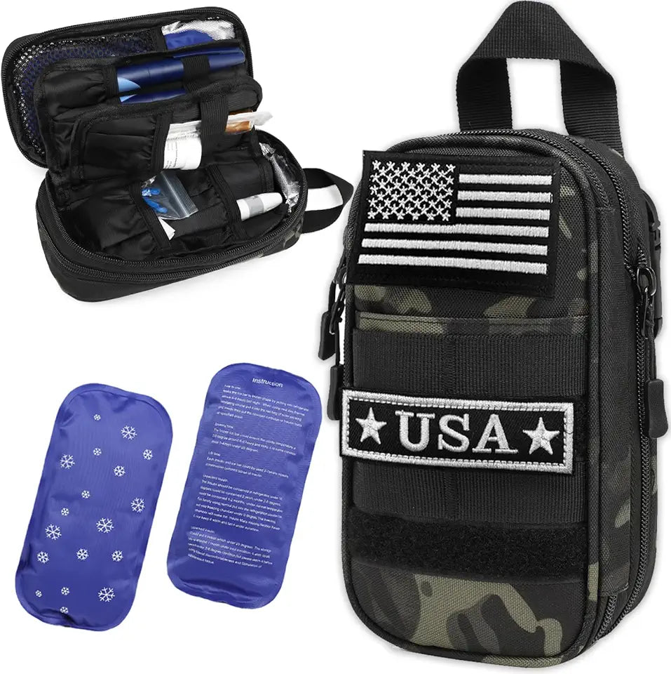Black Camo Expandable Insulated Insulin Cooler Travel Case with 2 Ice Packs H420