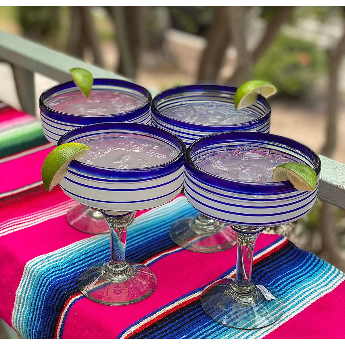Set of 4 Hand Blown Margarita Glasses 16 oz Blue Spiral Design I253132