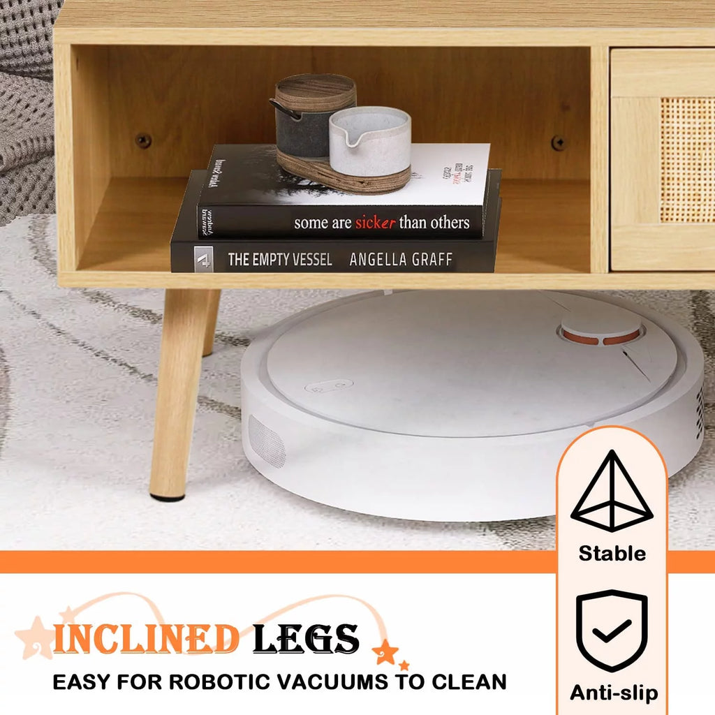 Rattan Coffee Table with 2 Drawers Natural Wood Q679
