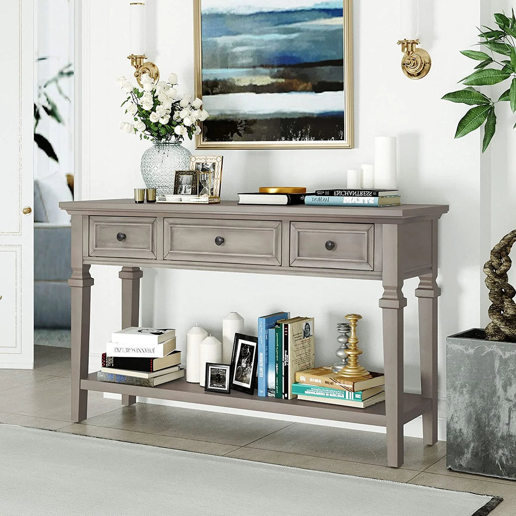 50" Gray Wash Console Table with 3 Drawers and Bottom Shelf E572