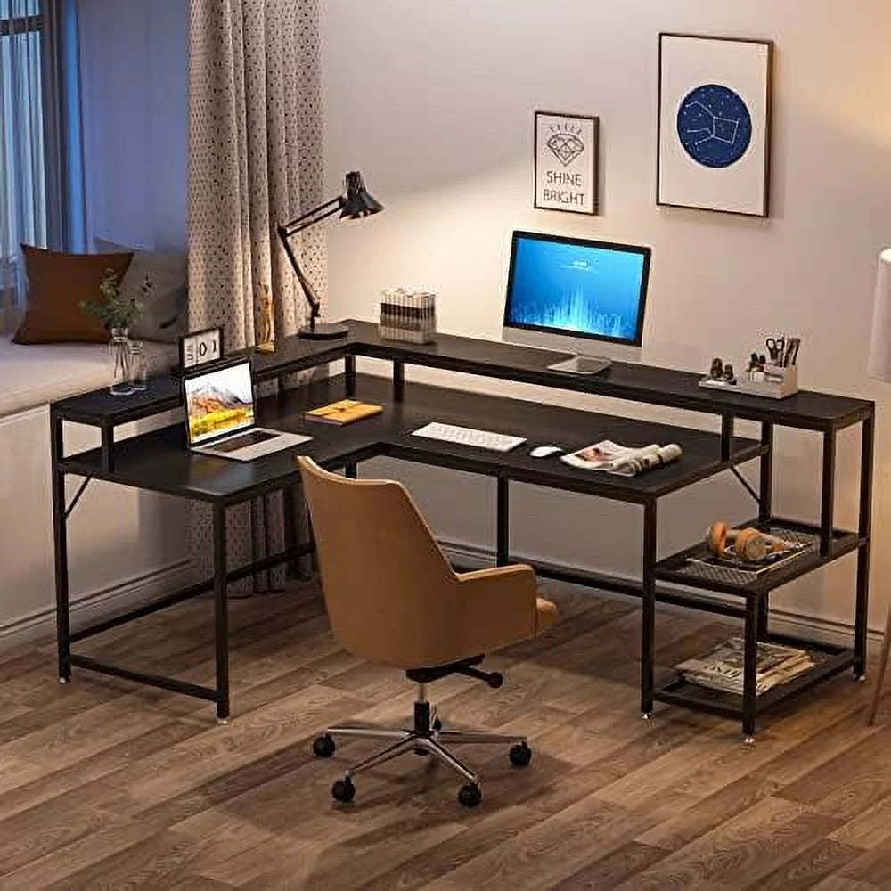 69 Inch L Shaped Desk with Monitor Stand Black H902