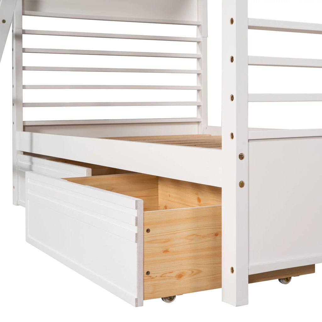 Wood Twin over Twin Bunk Bed with 2 Drawers White R405097
