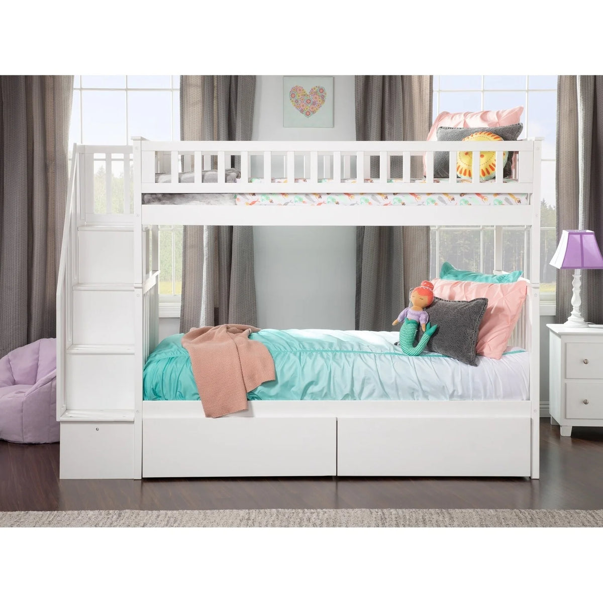 White Twin over Twin Bunk Bed with 2 Bed Drawers Y51579