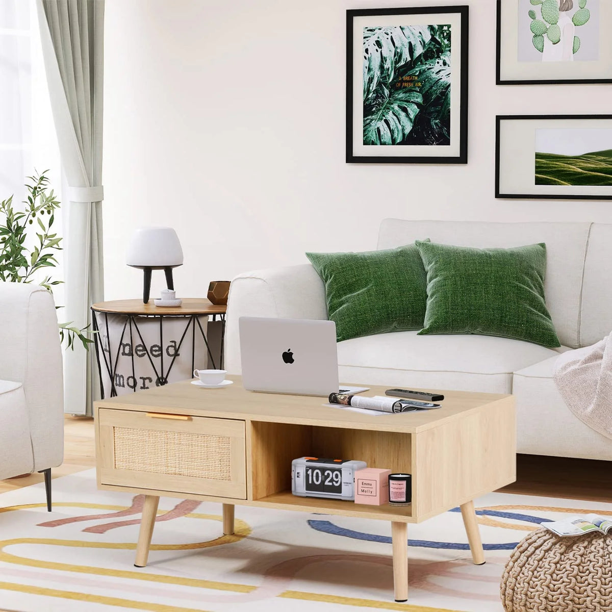Rattan Coffee Table with 2 Drawers Natural Wood Q679