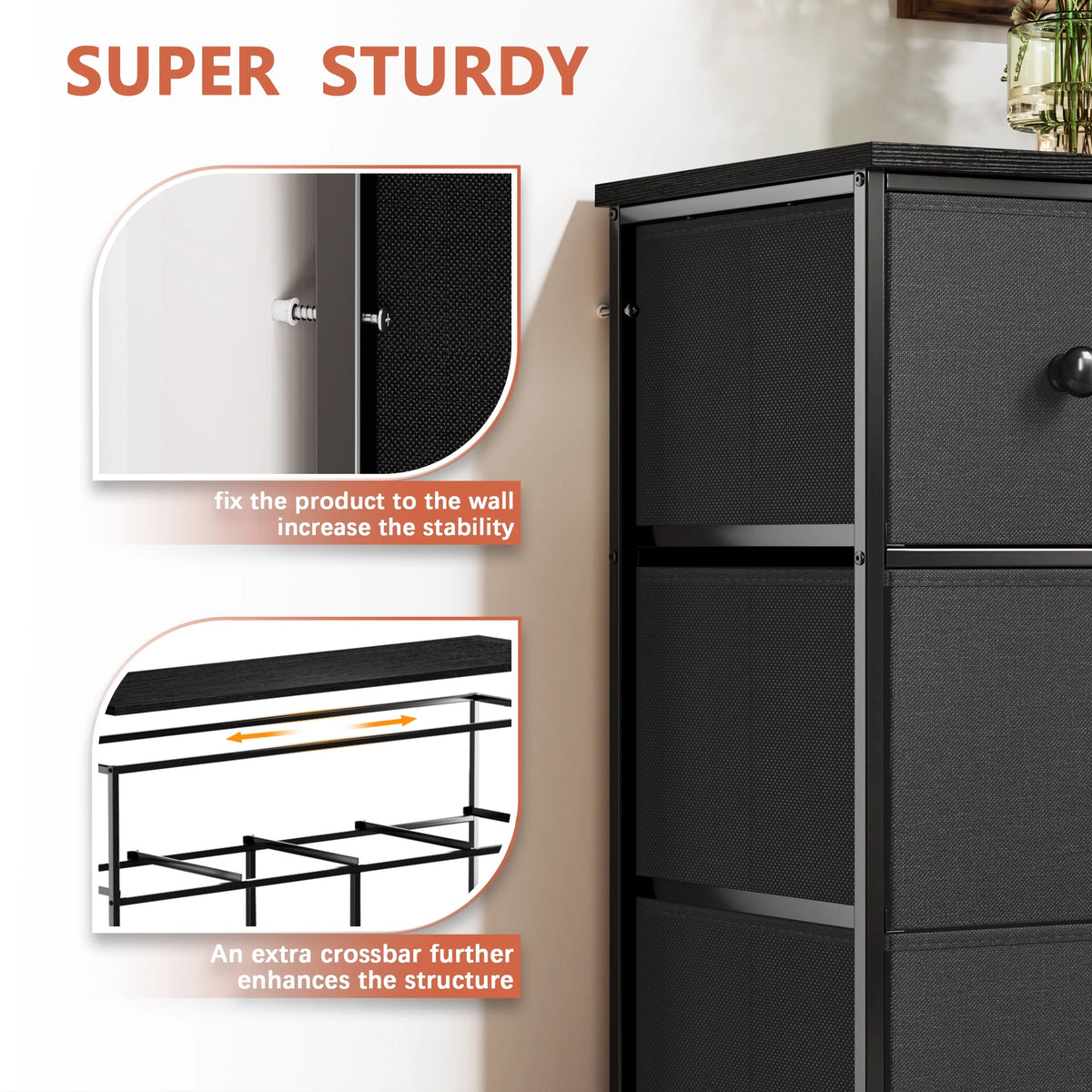 8 Drawer Fabric Dresser with Steel Frame and Wooden Top A303