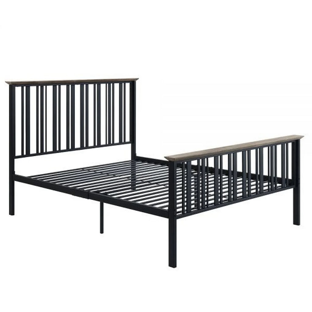 Full Bed with Slatted Metal Frame, MDF Wood, Oak Brown and Black A979196