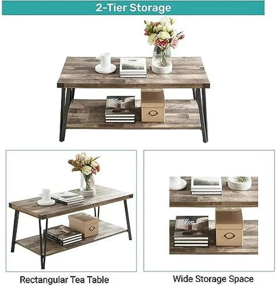 Brown Rectangular Coffee Table with Metal Frame F545544