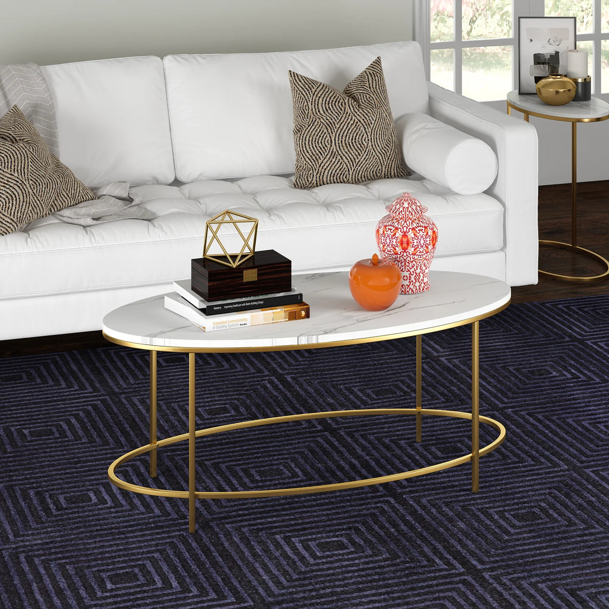 42" Wide Oval Coffee Table with Faux Marble Top N38901