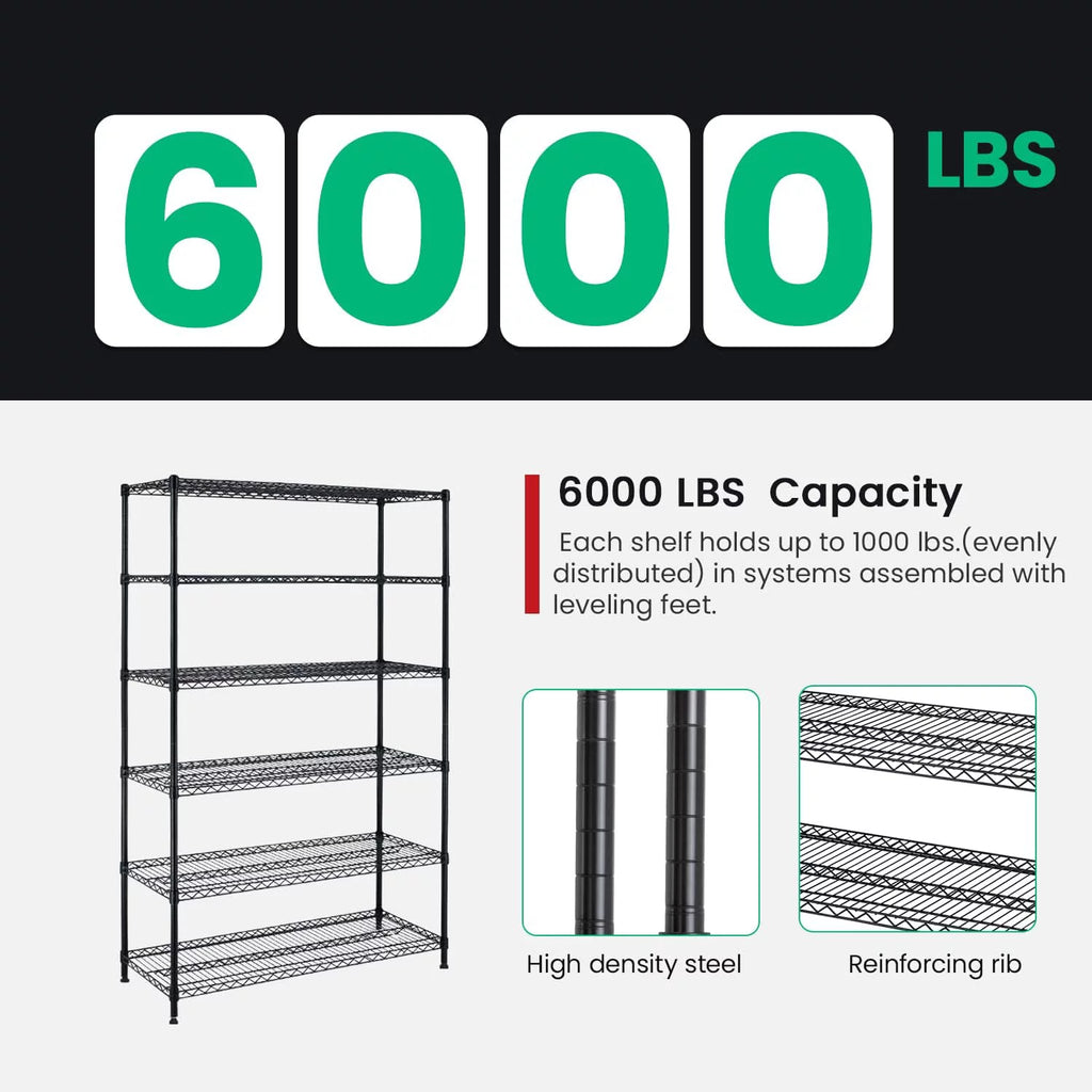 6000LBS Capacity 6 Tier Metal Shelves with Wheels, Black E8308