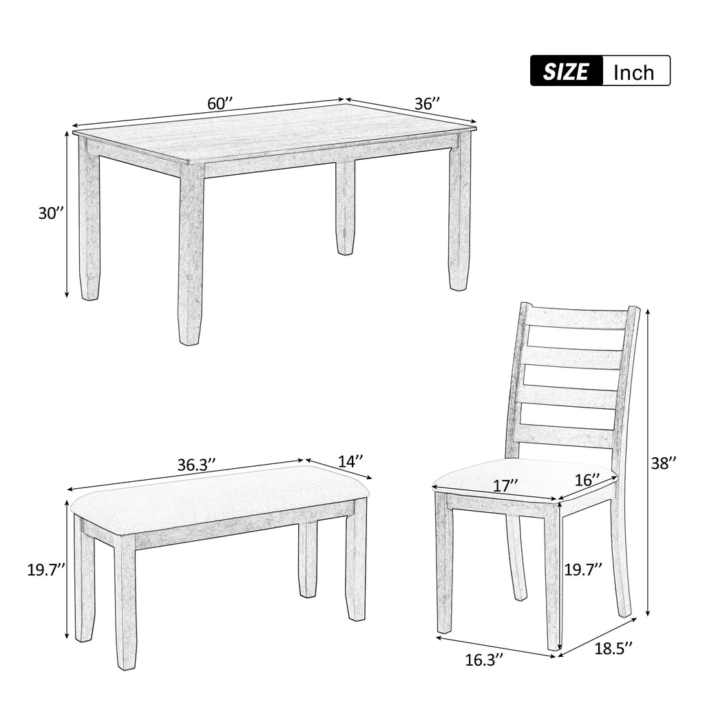 6-Piece Dining Table Set with 4 Upholstered Chairs and Bench J134
