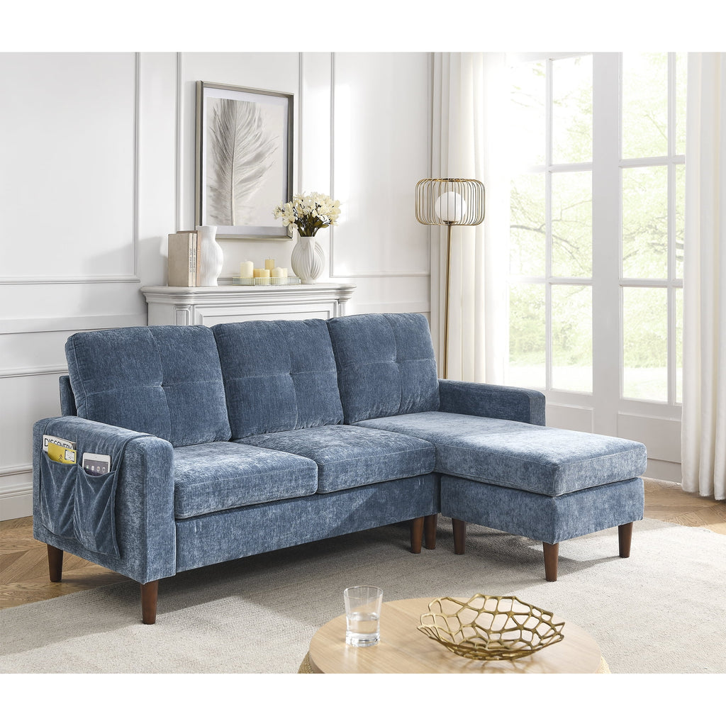 80" Convertible Sectional Sofa Couch, 3 Seats L-shape Sofa with Removable Cushions and Pocket, Rubber Wood Legs, Navy Chenille J778