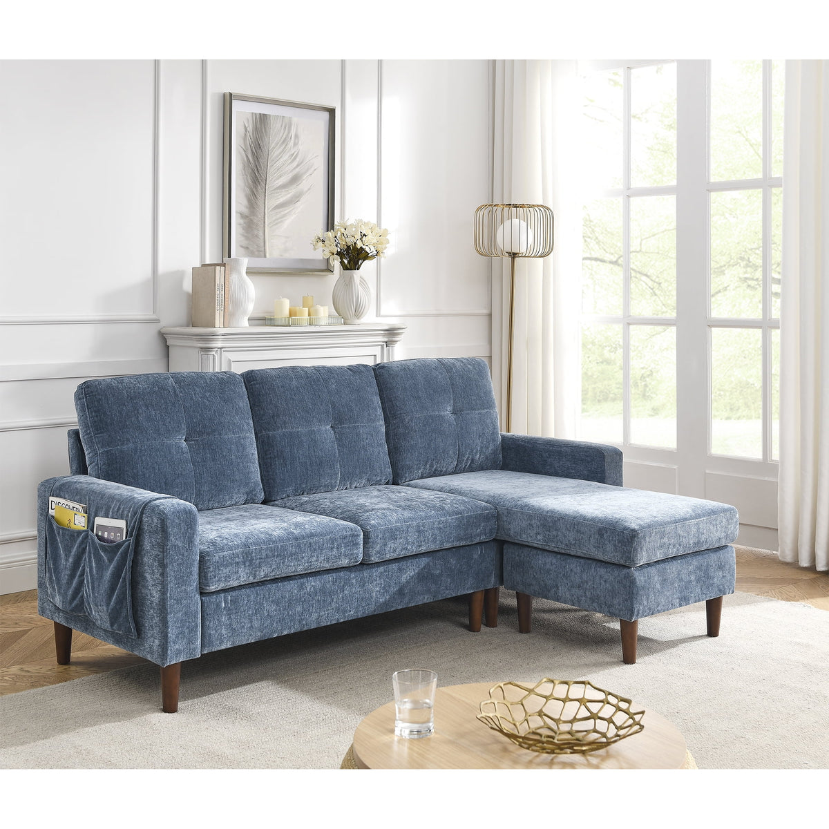 80" Convertible Sectional Sofa Couch, 3 Seats L-shape Sofa with Removable Cushions and Pocket, Rubber Wood Legs, Navy Chenille J778