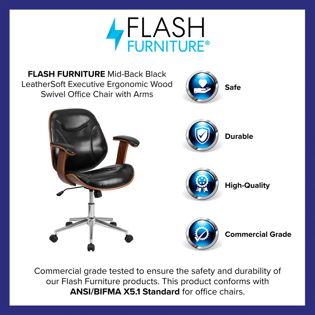 Black LeatherSoft Mid-Back Ergonomic Swivel Office Chair with Arms Y14950
