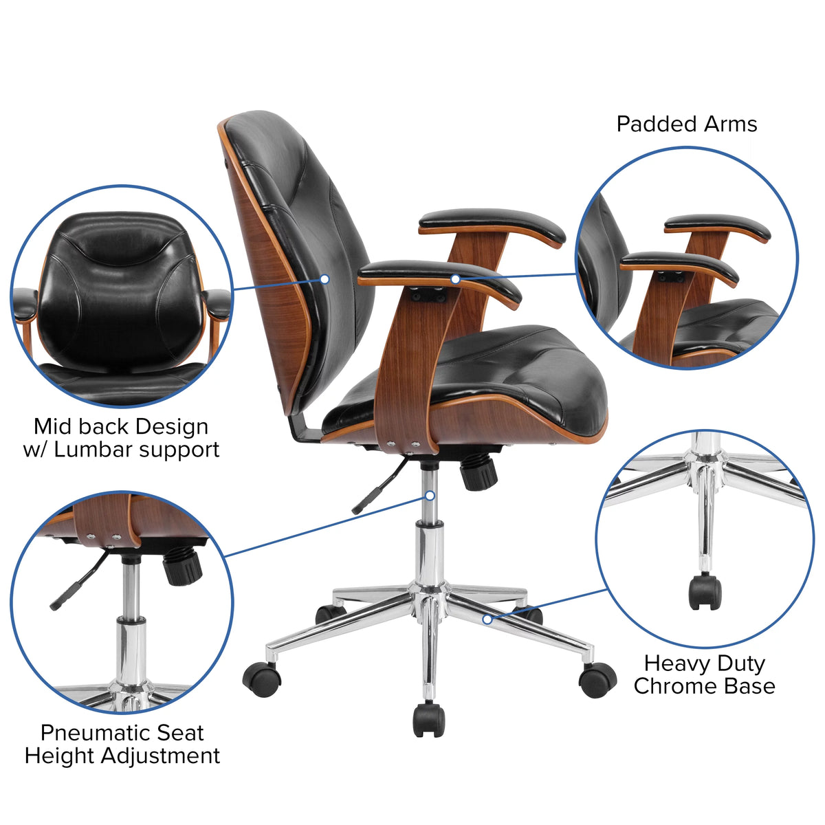 Black LeatherSoft Mid-Back Ergonomic Swivel Office Chair with Arms Y14950