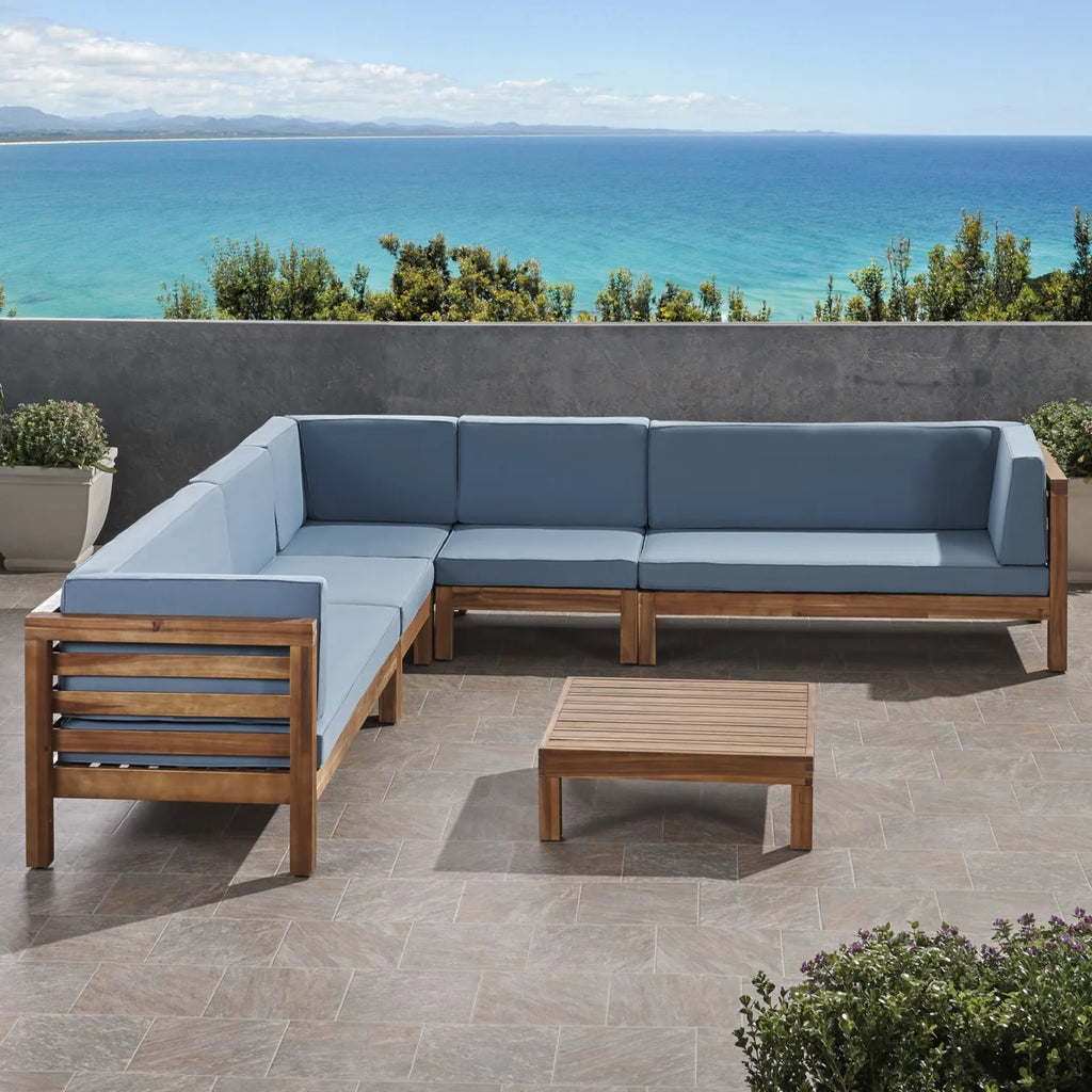 Acacia Wood 7 Seater Sectional Sofa with Cushions W91591