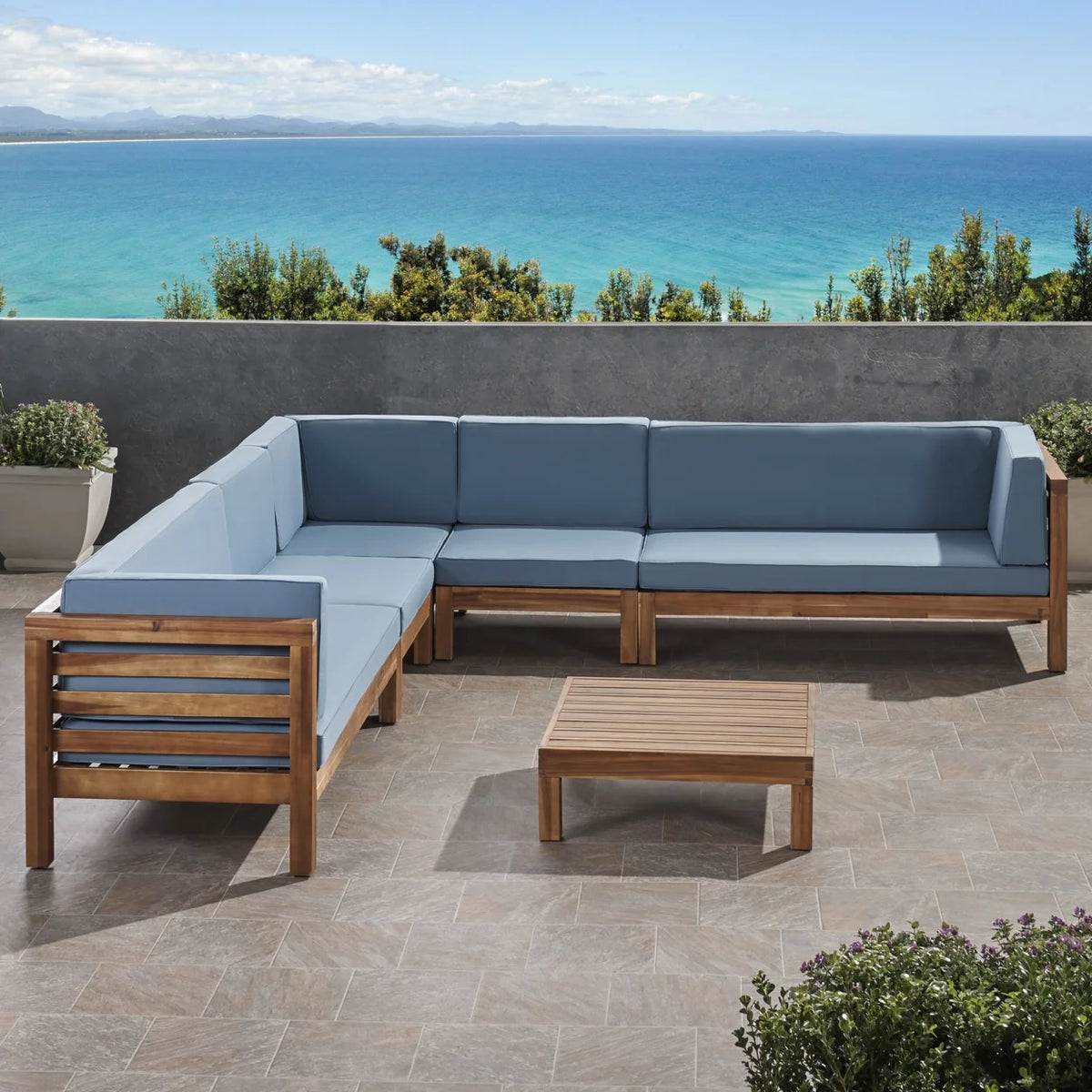 Acacia Wood 7 Seater Sectional Sofa with Cushions W91591