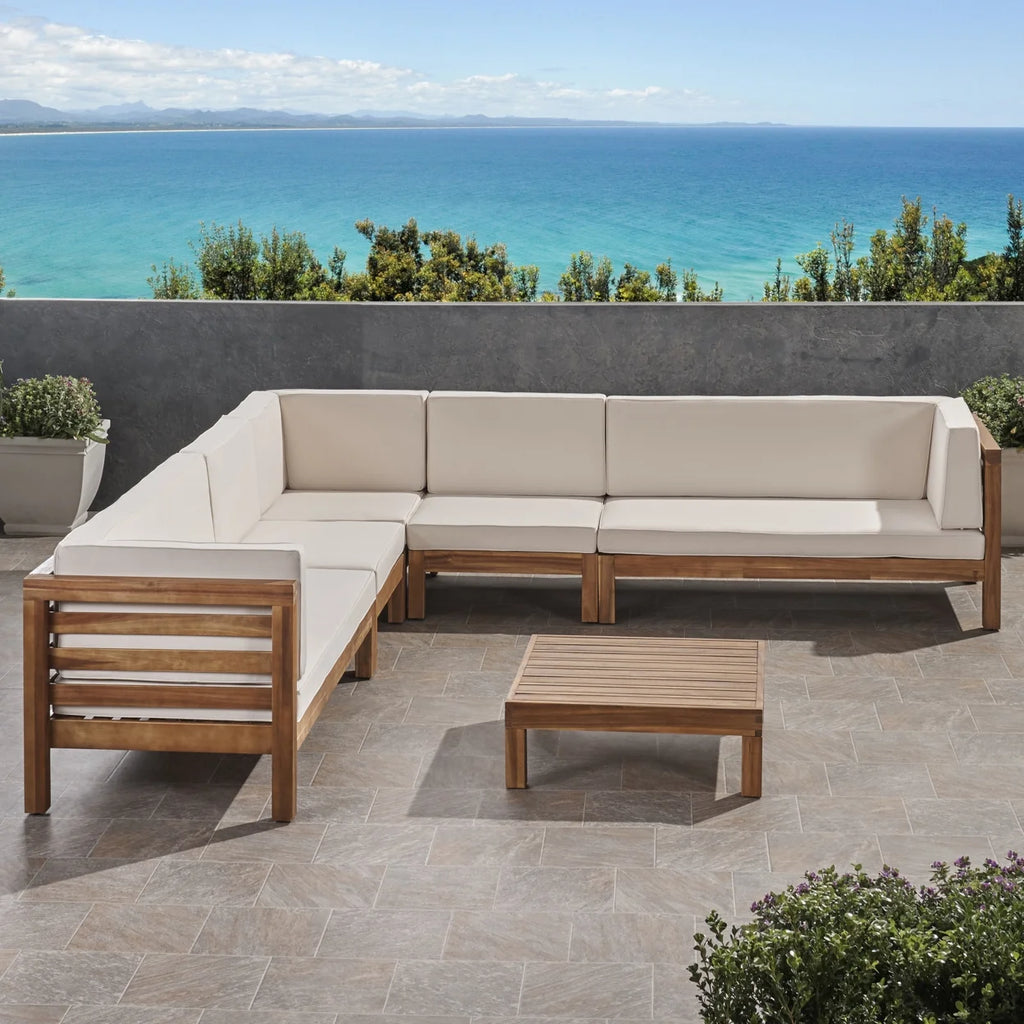 Acacia Wood 7 Seater Sectional Sofa with Cushions W91591