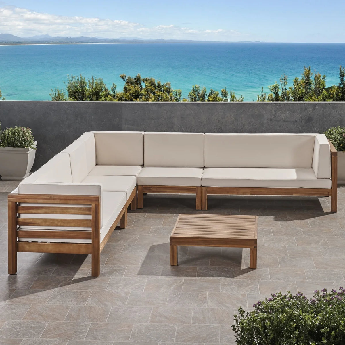Acacia Wood 7 Seater Sectional Sofa with Cushions W91591