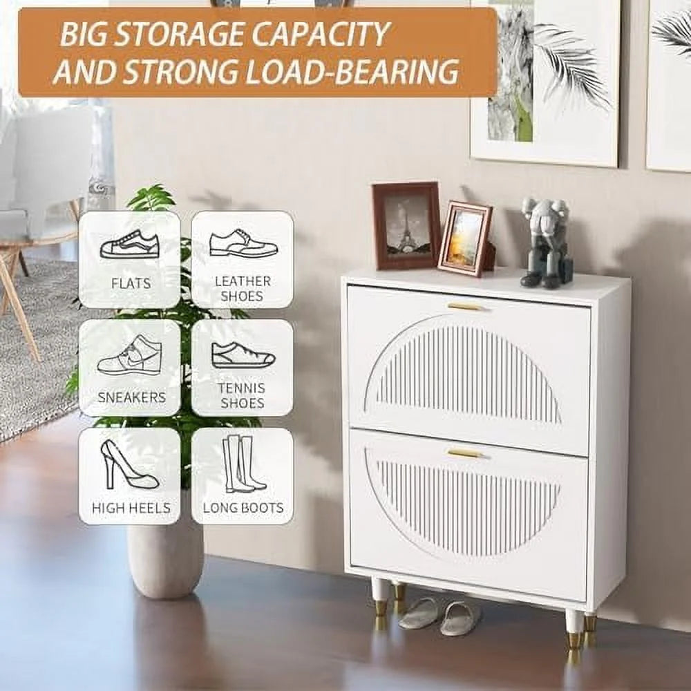 White 2 Flip Drawers Slim Shoe Cabinet S744