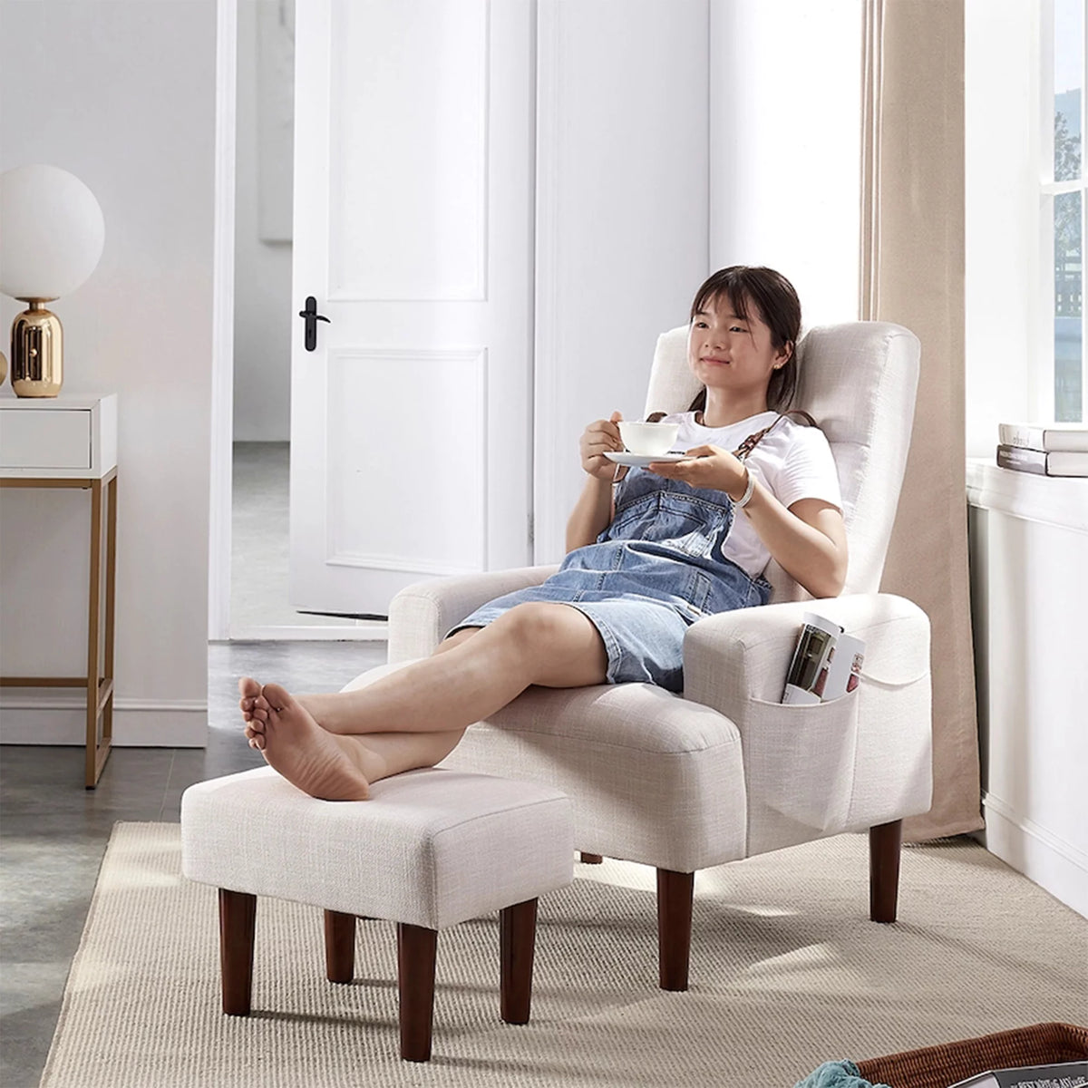 Cream White Recliner Sofa Chair with Ottoman S5234