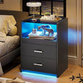 Black Nightstand with LED Lights and Charging Station F3723
