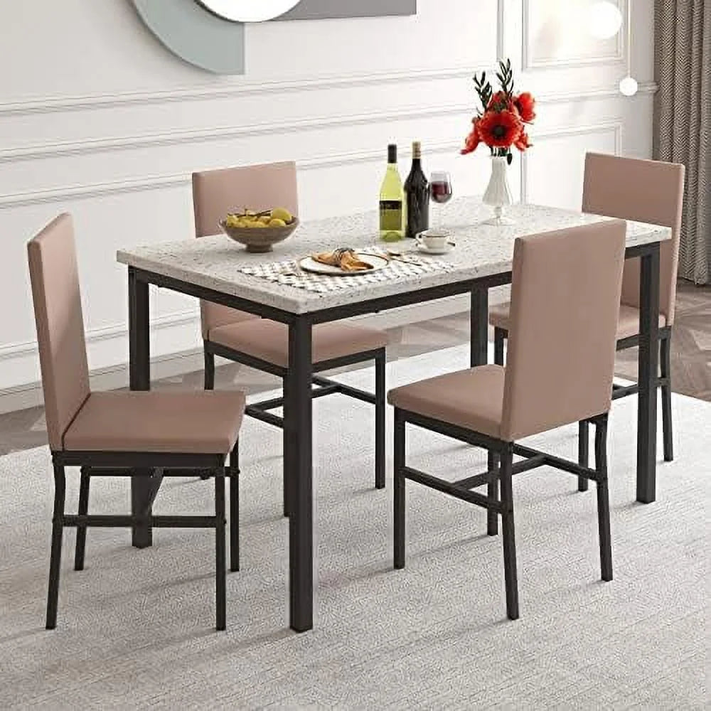 Dining Table Set for 4 with Faux Marble Tabletop and 4 Chairs P63363