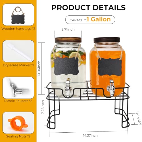 2 Pack 1 Gallon Glass Beverage Dispenser with Stand and Spigot C722