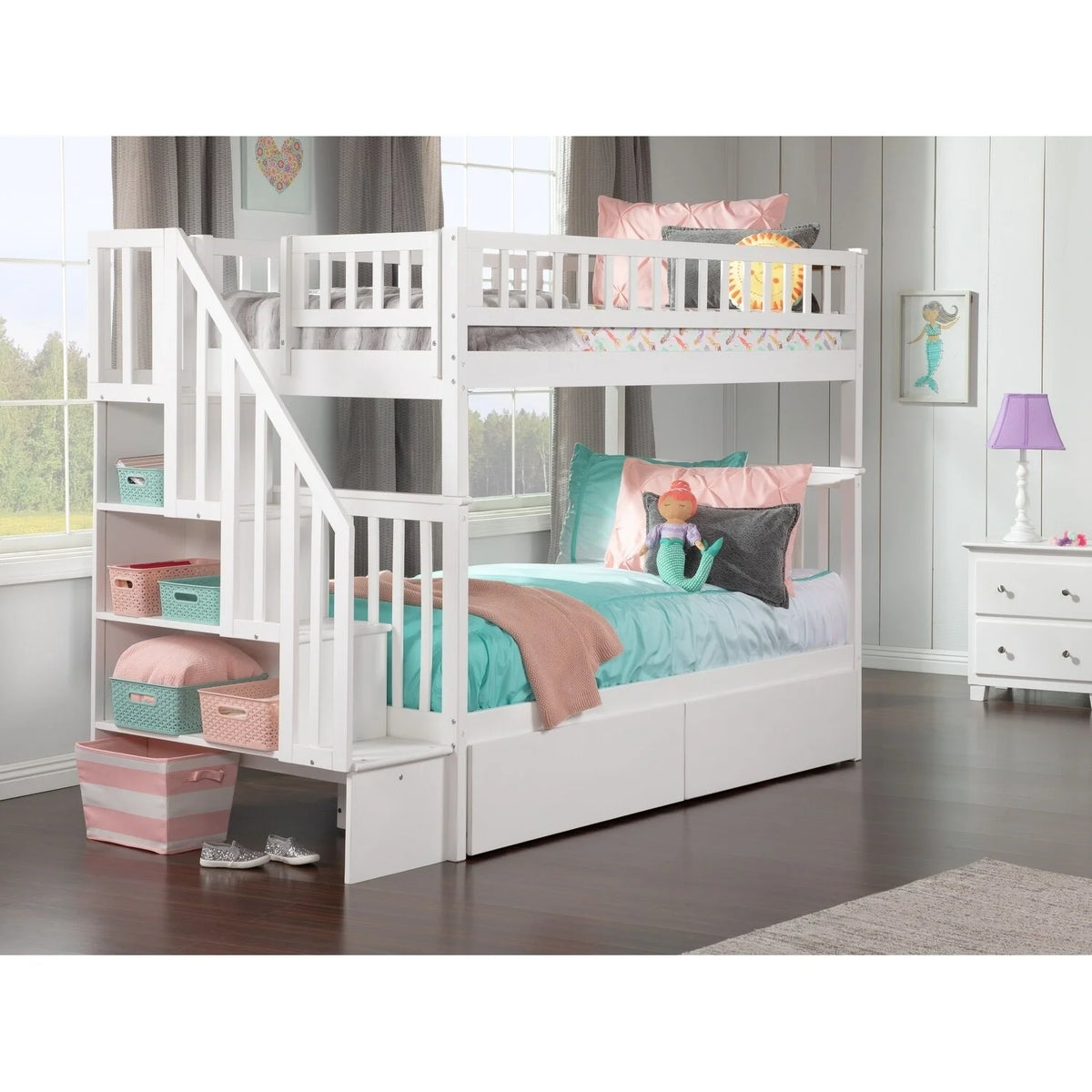 White Twin over Twin Bunk Bed with 2 Bed Drawers Y51579