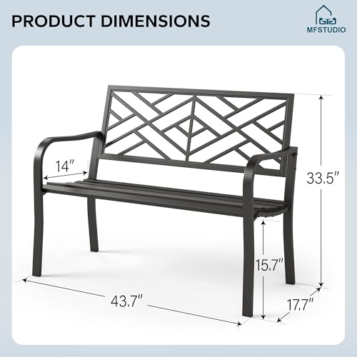 43.7 Inches Outdoor Garden Bench with Geometric Pattern Backrest, Black W29483
