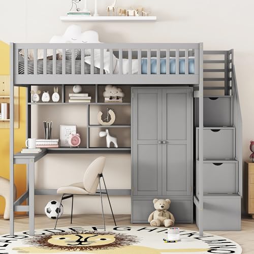 Twin Wood Loft Bed with Staircase, Desk and Wardrobe, Gray G5304