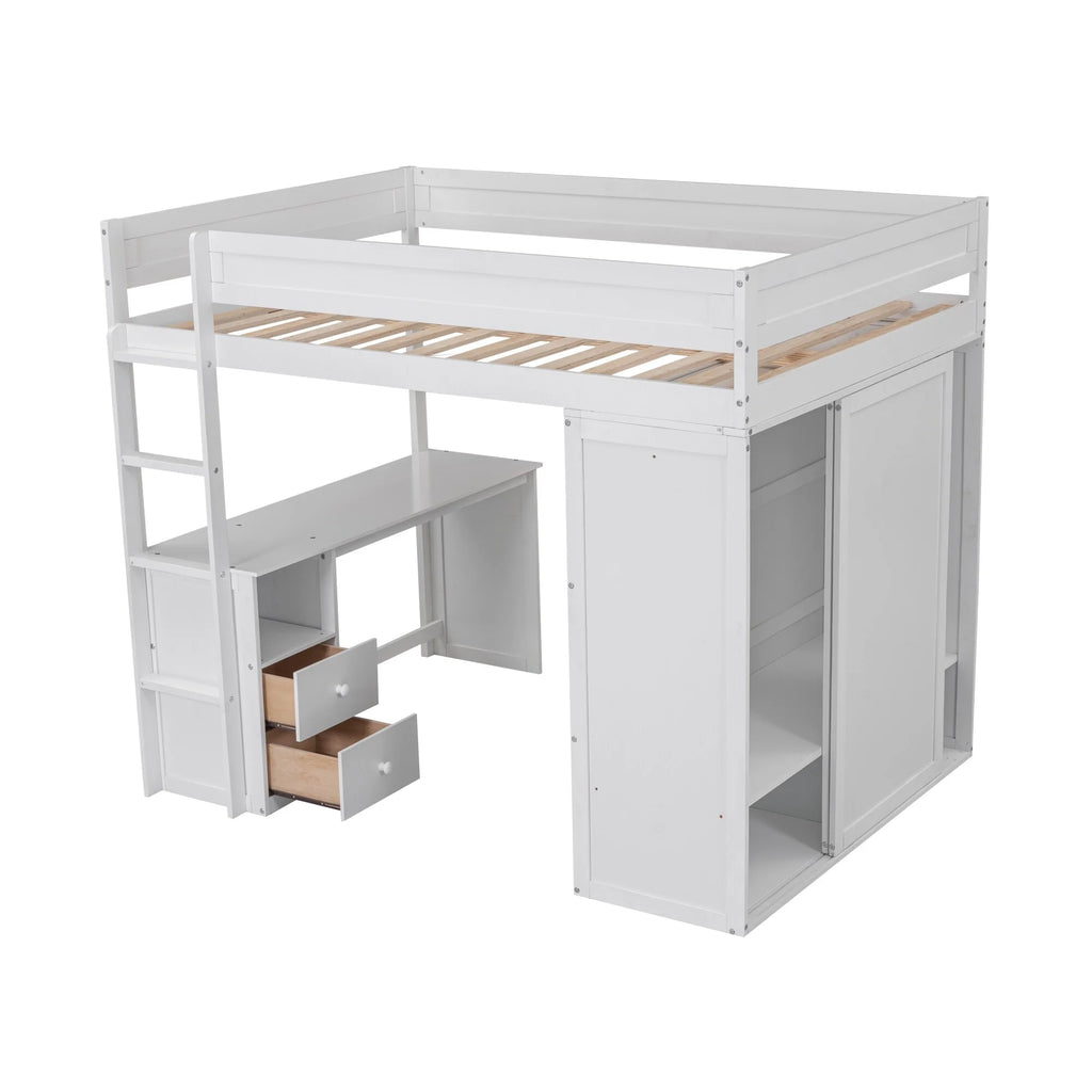 Solid Wood Loft Bed with Built-In Desk & Wardrobe White Full K6404