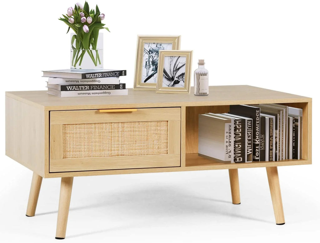 Rattan Coffee Table with 2 Drawers Natural Wood Q679
