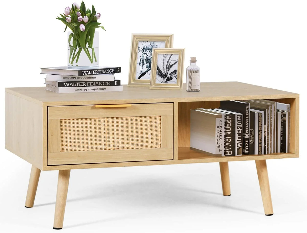 Rattan Coffee Table with 2 Drawers Natural Wood Q679