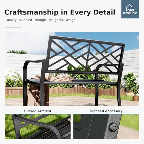 43.7 Inches Outdoor Garden Bench with Geometric Pattern Backrest, Black W29483