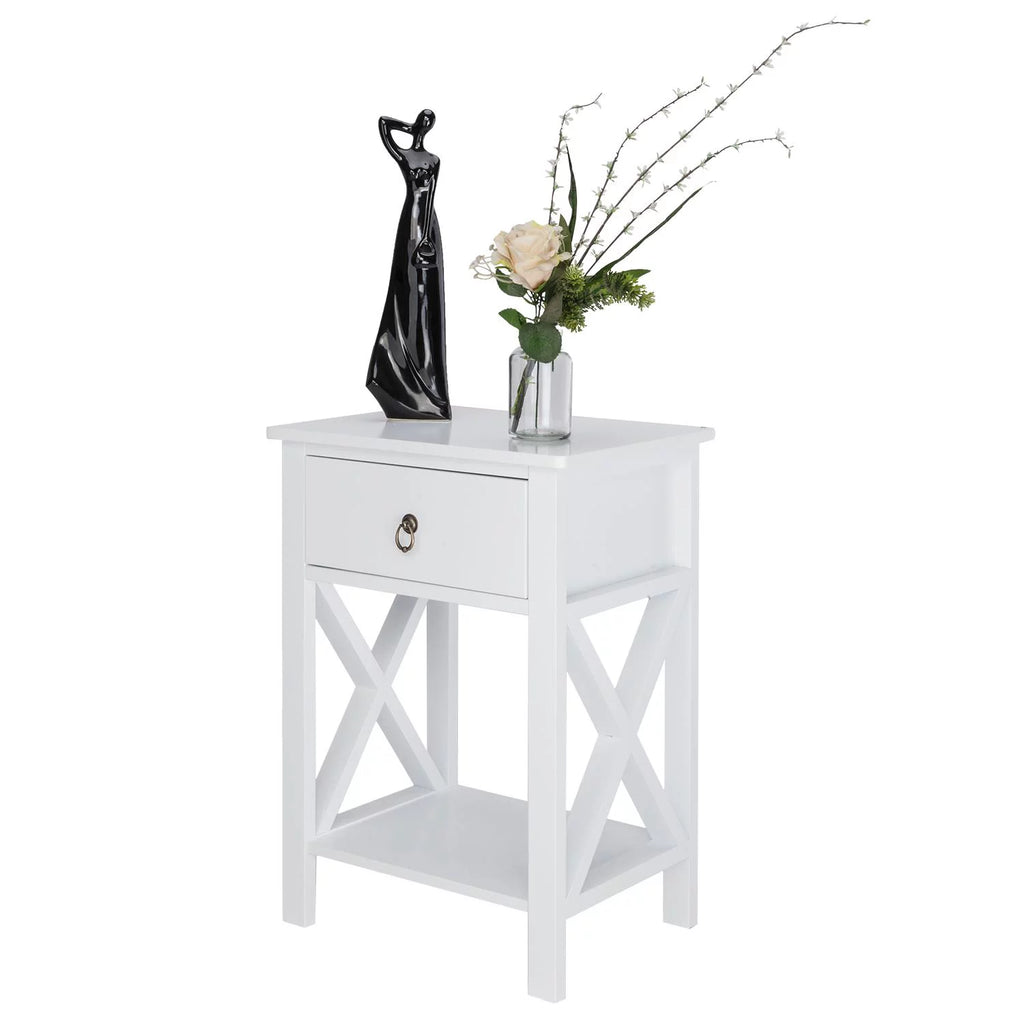 Set of 2 White Wood Nightstand with A Drawer P13992