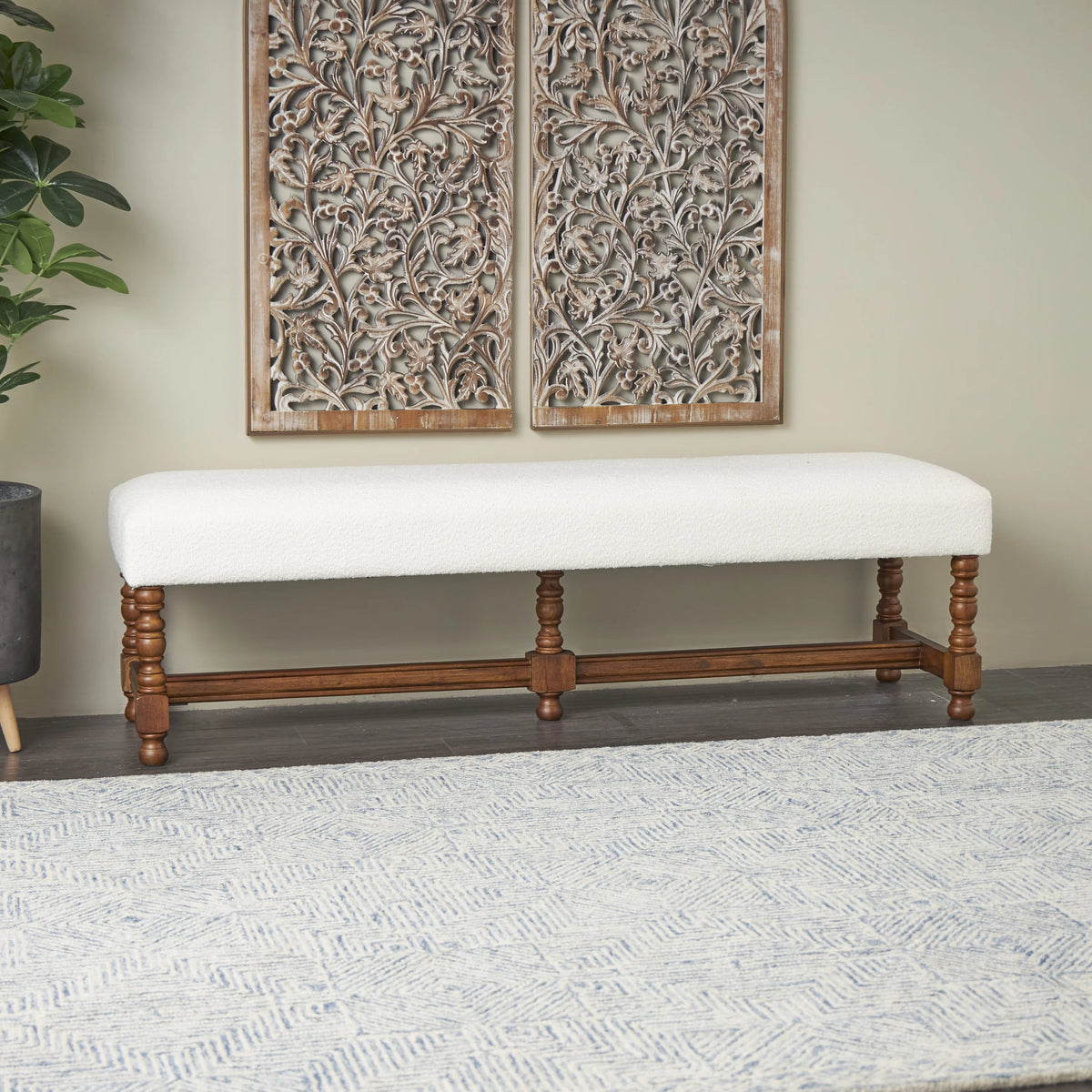 Fabric Bench with Brown Traditional Wood Turned Legs L628
