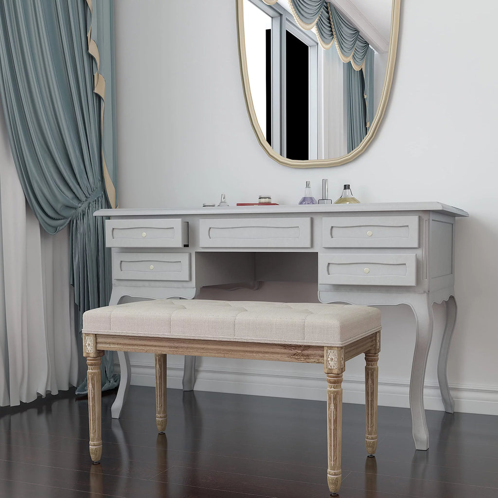 Beige Upholstered Bench with Carved Wood Legs O7666