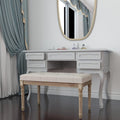 Beige Upholstered Bench with Carved Wood Legs O7666