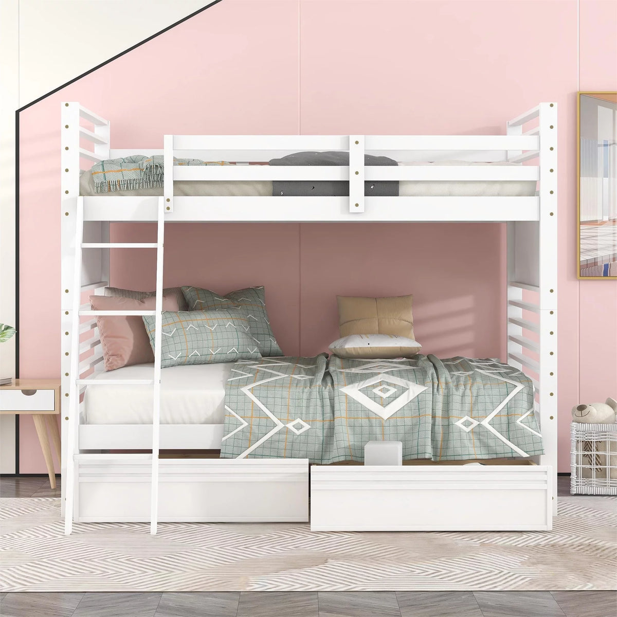 Wood Twin over Twin Bunk Bed with 2 Drawers White R405097