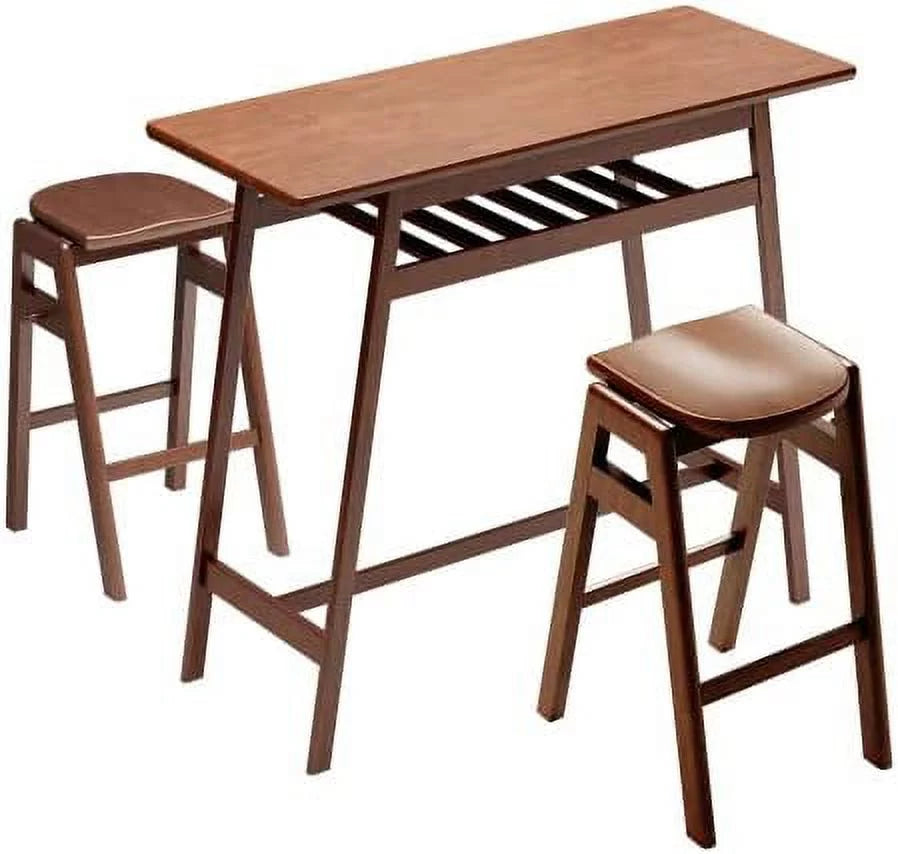 3 PCS Pub Dining Set Rubber Wood Stackable Backless High Stool with Shelf and Hooks H8399