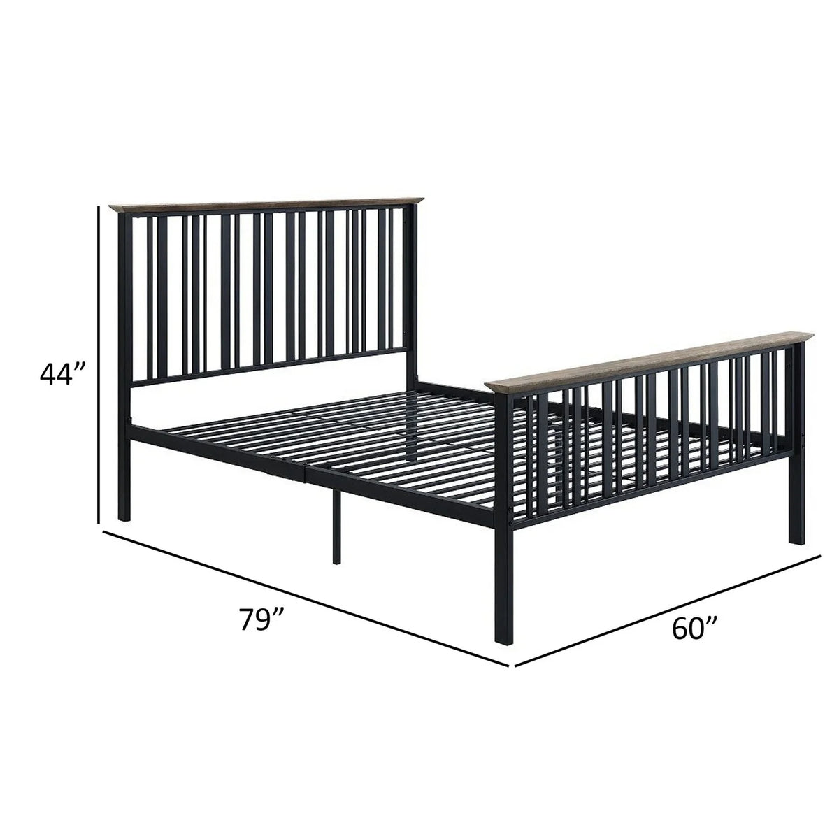 Full Bed with Slatted Metal Frame, MDF Wood, Oak Brown and Black A979196