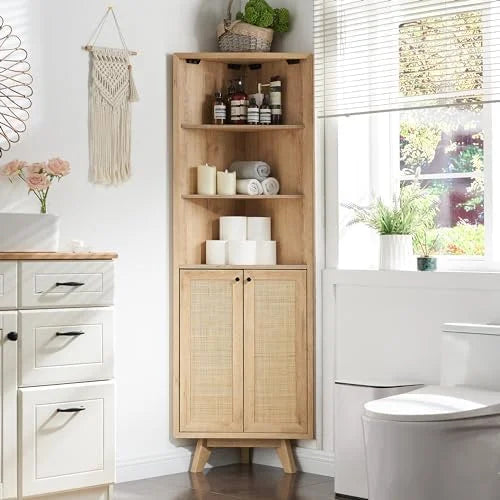 Natural Rattan Bathroom Floor Cabinet with Sliding Door & 3 Drawers S998266