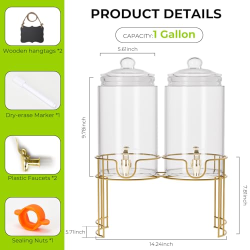2 Pack 1 Gallon Glass Beverage Dispenser with Stand and Spigot C722