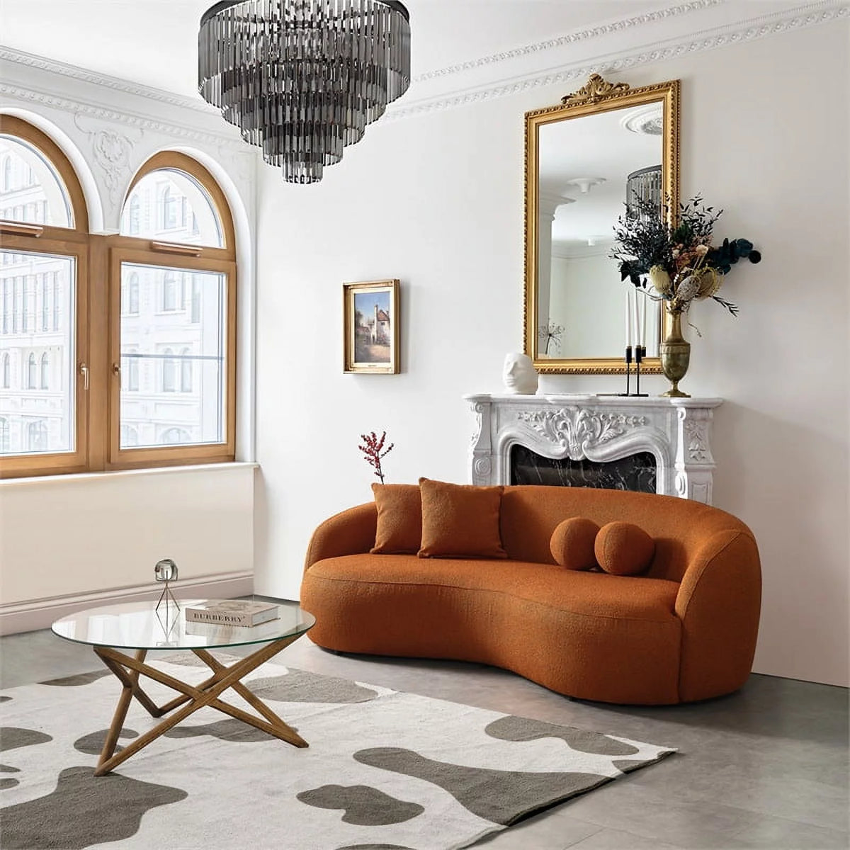 Orange Boucle Fabric Curvy Couch Z195