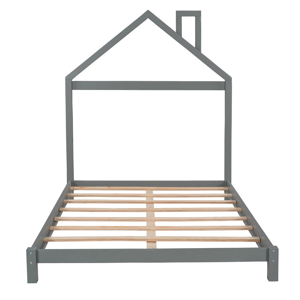 Full Size Gray Wood Platform Bed with House-shaped Headboard S68304