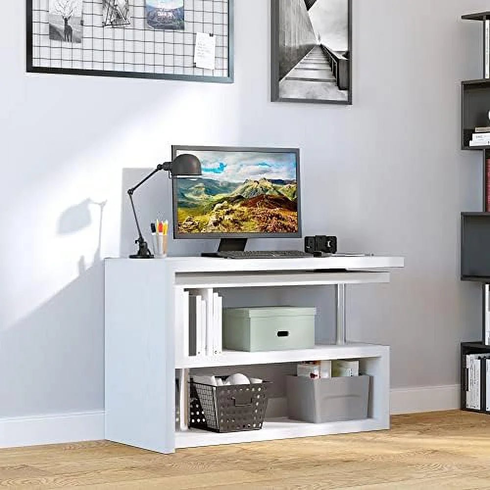 L Shaped Corner Computer Desk with 3-Tier Shelves White A97745